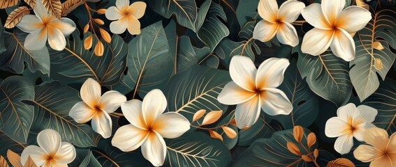 a background with tropical flowers with white flowers Generative AI - obrazy, fototapety, plakaty