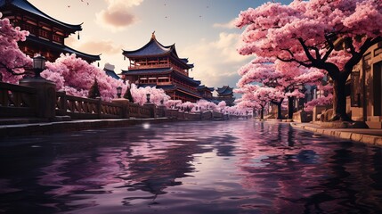 an aerial image of mt fuji through the cherry blossoms, in the style of grandiose architecture, light purple and red, piles/stacks, landscape mastery, culturally diverse elements, calming effect, spir - obrazy, fototapety, plakaty