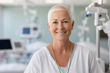 Generative AI portrait of a female middle aged cancer survivor patient in a hospital
