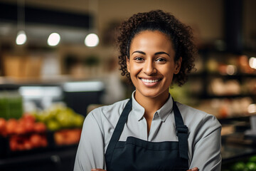 Fototapeta premium Generative AI picture clean grocery supermarket store department with friendly staff service