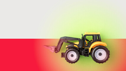 Farmers' protests in Poland. Yellow tractor on yellow background and Polish flag, selective focus,...