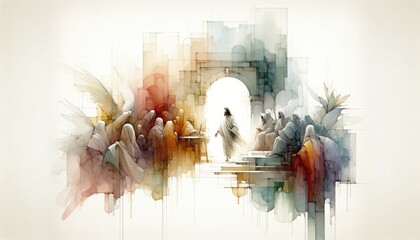 Jesus is taken to the Sanhedrin. Life of Jesus. Digital watercolor painting.