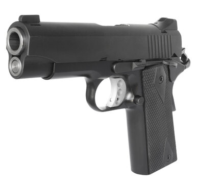 Semi-automatic pistol quartering toward the camera