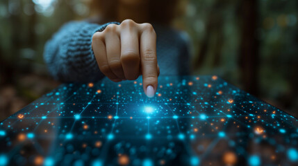 AR Harmony Close-Up View of Finger Touch on Virtual Screen with Holograms