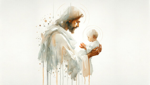 Digital painting of Jesus Christ with baby in the hands, watercolor illustration.