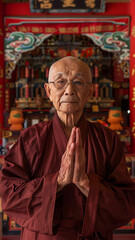 Naklejka premium portrait of Buddhist monk praying in Buddhist temple
