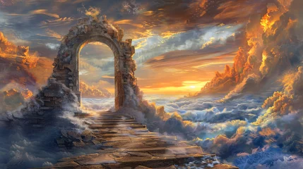 Foto op Plexiglas Gates of Heaven. Fantasy landscape with an arch in the clouds at sunrise. © Faith Stock