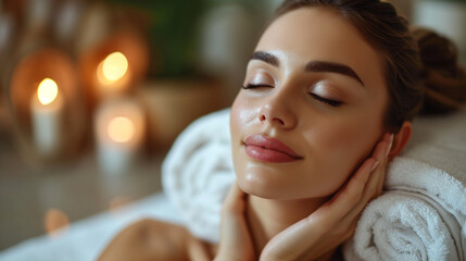 Obraz na płótnie Canvas Serene Spa Experience Woman with Closed Eyes, Post-Cosmetic Procedures