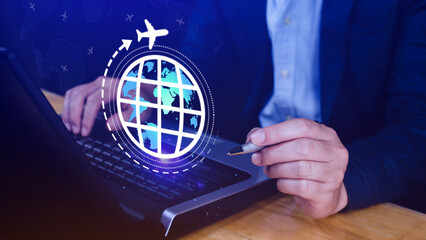 Travel insurance and business travel concepts, Booking airplane tickets on digital app or online...