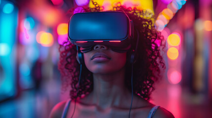 Obraz na płótnie Canvas Futuristic Innovation Woman in Virtual Reality with Neon Glow, Copy Space Available