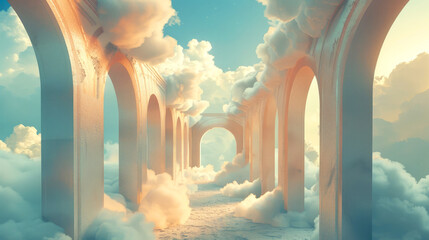 Gates of Heaven. 3d illustration of an archway in the sky with white clouds. - obrazy, fototapety, plakaty