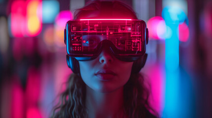 Virtual Wonderland Woman Wearing VR Headset, Surrounded by Neon Lights, Copy Space