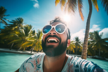 Young guy rests on a tropical beach image created with generative AI