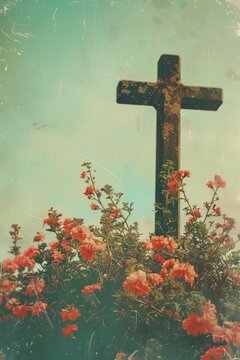 Cross with red flowers in the field, retro toned image.