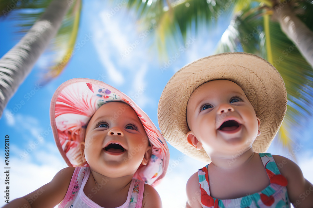 Wall mural Generative AI photo of happy beautiful young woman on tropical beach outdoors