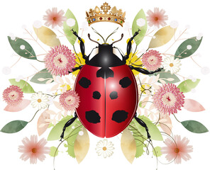 rot leuchtender Marienkäfer mit Krone und Blüten