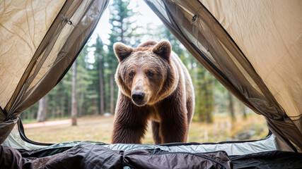A bear peeking into the tent in search of food. Beware of bears.