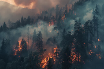Fototapeta na wymiar A forest fire engulfs trees in huge flames