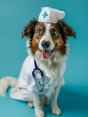 Smiling Dog Dressed as a Veterinarian Against a Blue Background