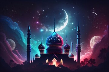 Illustration silhouette of a mosque against the moon at night. Mosque as a place of prayer for Muslims.