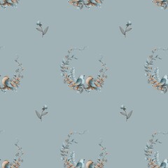 watercolor shabby chic vintage blue beige birds with floral element seamless pattern