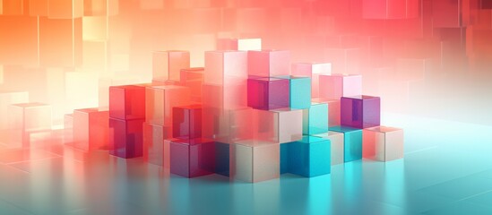 Colorful 3D vector illustration of an arrangement of cubes and a polygonal mesh Blockchain technology. Information blocks in volumetric composition. Edge glowing neon lights