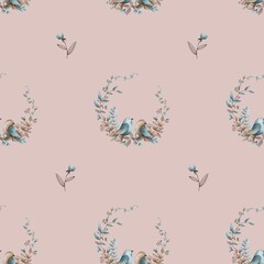 Fototapeta na wymiar watercolor shabby chic vintage blue beige birds with floral element seamless pattern