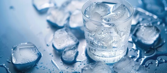 A glass of water with ice cubes floating inside, providing a refreshing and cooling sensation. The ice cubes slowly melting as they chill the water.