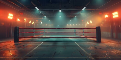 Awaiting the start of the match: deserted boxing ring in an empty arena. Concept Boxing, Arena, Sports, Desolate, Waiting - obrazy, fototapety, plakaty