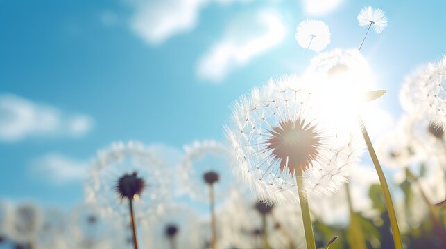 Fototapeta Vintage dandelion with blue sky and sun flare