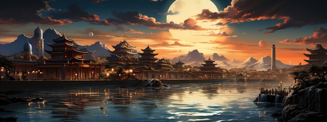 an ancient city overlooking a river at sunset, in the style of confucian ideology, light sky-blue and light amber, luminescent installations, sunrays shine upon it, emerald and crimson, northern and s - obrazy, fototapety, plakaty