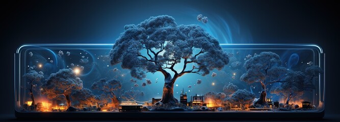 an android tablet with a digital business and trees on it, in the style of mechanized abstraction, dark blue and light aquamarine, human-canvas integration, dynamic motion, blueprint, abstraction