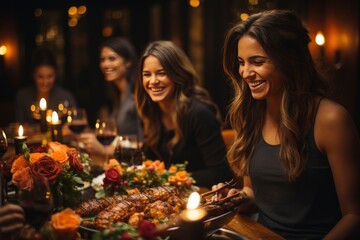 Friendsgiving or other friendship celebration concept. women at the table spend time with each other with pleasure - obrazy, fototapety, plakaty