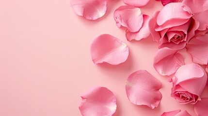 Minimal style with pink rose petals on a pastel pink background, capturing delicate beauty in a simple and stylish composition.