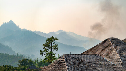 Crop burning and and mountain scenery, from The Chinese Viewpoint,Pai,Mae Hon Son,northern Thailand.