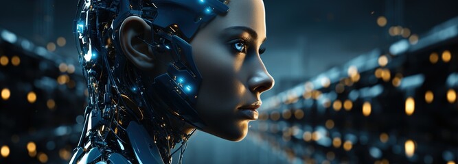 an animated image with an image of an irobot robot, in the style of futuristic sci-fi, internet academia, digital collage, distinct facial features, dark blue and light blue - obrazy, fototapety, plakaty