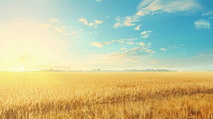 Obraz premium Wheat field against a blue sky, capturing the golden crops of harvest season in a rural landscape.
