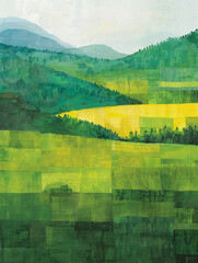 Green Field and Mountains Painting. Printable Wall Art.