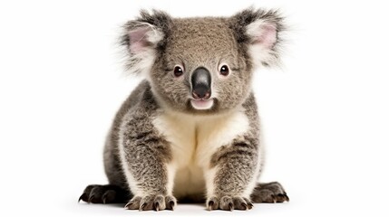 Fototapeta premium Young koala, Phascolarctos cinereus, 14 months old, sitting in front of white background