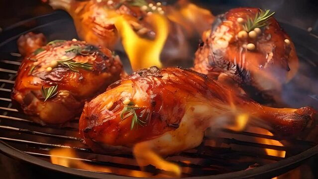 Close up chicken legs on the grill with fire and smoke footage for background