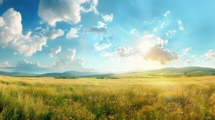 Obraz premium Wheat field against a blue sky, capturing the golden crops of harvest season in a rural landscape.