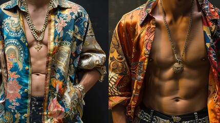 colored silk shirts with intricate patterns or bold prints. These shirts are often unbuttoned halfway, revealing his chest and gold chains, adding to his machismo and ostentatious nice persona.