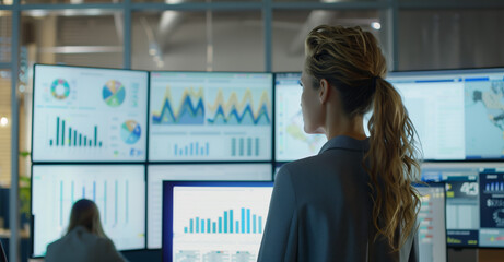Corporate Data Analyst Observing Market Trends. Corporate professional analyzing real-time data across multiple display panels.