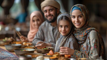 Muslim family at a set table. Before the meal that ends Ramadan. Ramadan as a time of fasting and prayer for Muslims.