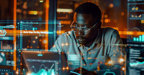Tech Specialist in Data Analysis Workflow. African businessman deeply engrossed in data analysis amidst a dynamic digital workspace.