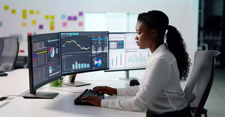 Dedicated Financial Analyst Reviewing Market Data. Dedicated financial analyst in a white blouse intently working on a trading strategy using multiple analytical screens. - obrazy, fototapety, plakaty
