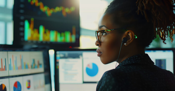 Focused Financial Analyst Evaluating Market Data. Black female business analyst concentrating on financial graphs and data across multiple screens.