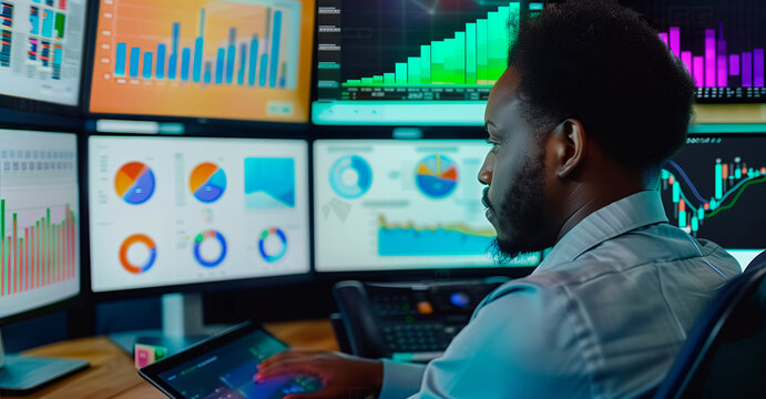 Quantitative Analyst Researching Statistical Market Models. Focused quantitative analyst researching and developing statistical market models on a multi-screen trading station.