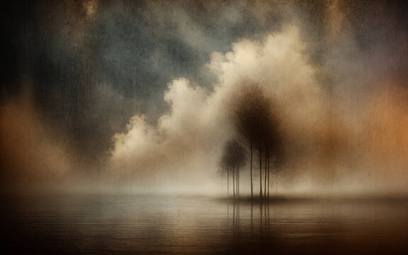 The image captures the calm but mysterious atmosphere of a secluded watery landscape, where the silhouettes of slender trees stand among the gentle embrace of fog, under a sky colored by soft clouds
