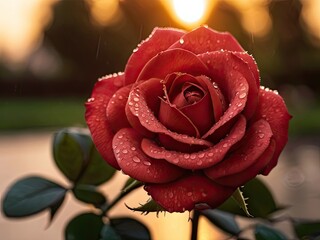 Red rose with raindrops in the summer garden